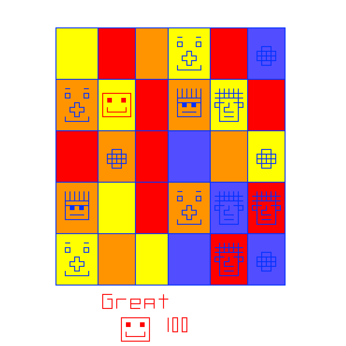 grid of blue orange red yellow squares of color with mild geometric faces drawn on the squares. it says great 100 at the bottom just like graded work from elementary school